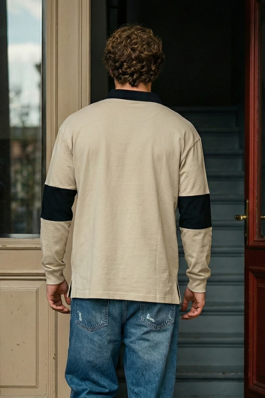 Veirdo Beige & Black Oversized Full Sleeve Exclusive Polo T-shirt - Image 2