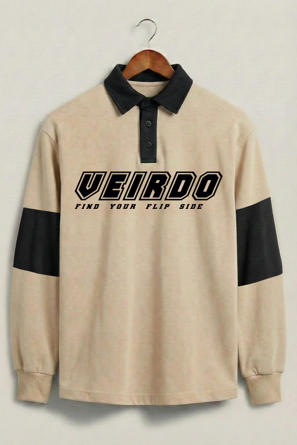 Veirdo Beige & Black Oversized Full Sleeve Exclusive Polo T-shirt - Image 3