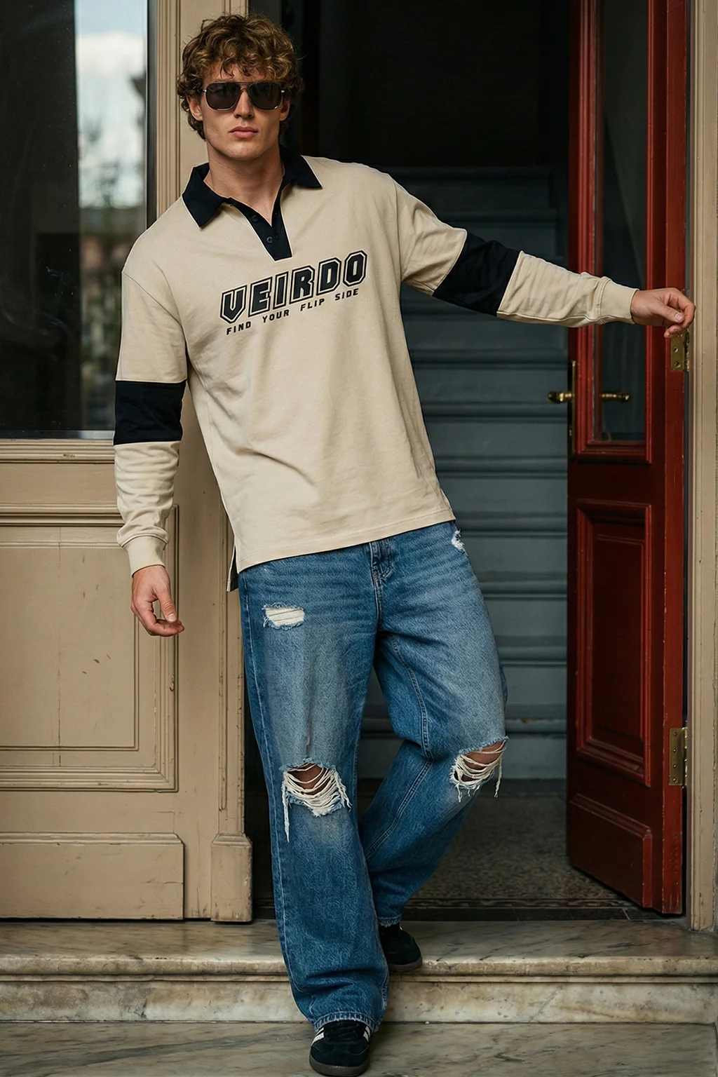 Veirdo Beige & Black Oversized Full Sleeve Exclusive Polo T-shirt - Image 6