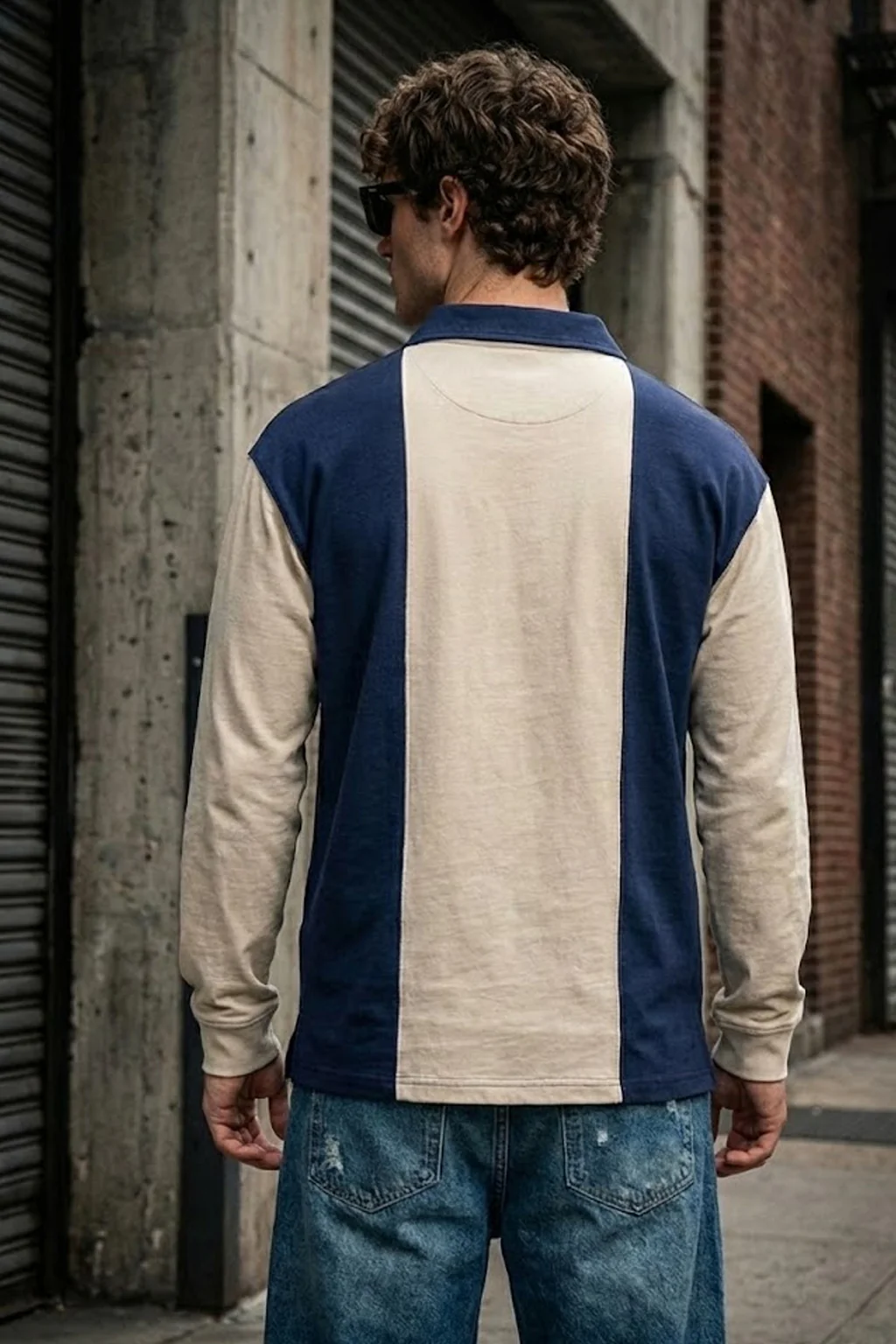 Veirdo Beige & Navy Oversized Full Sleeve Exclusive Polo T-shirt - Image 2
