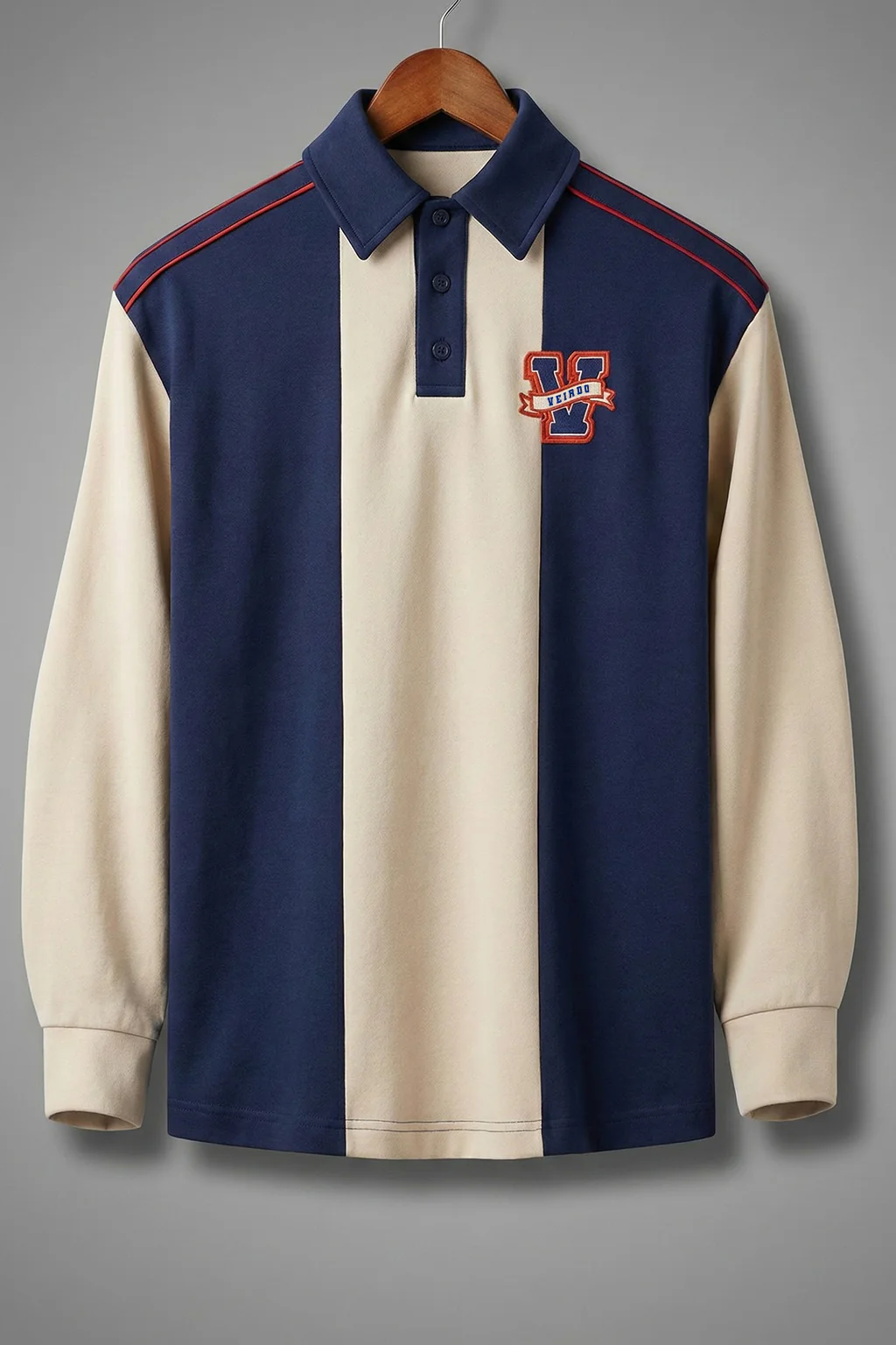Veirdo Beige & Navy Oversized Full Sleeve Exclusive Polo T-shirt - Image 3