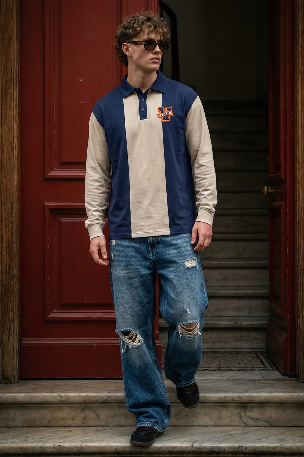 Veirdo Beige & Navy Oversized Full Sleeve Exclusive Polo T-shirt - Image 6