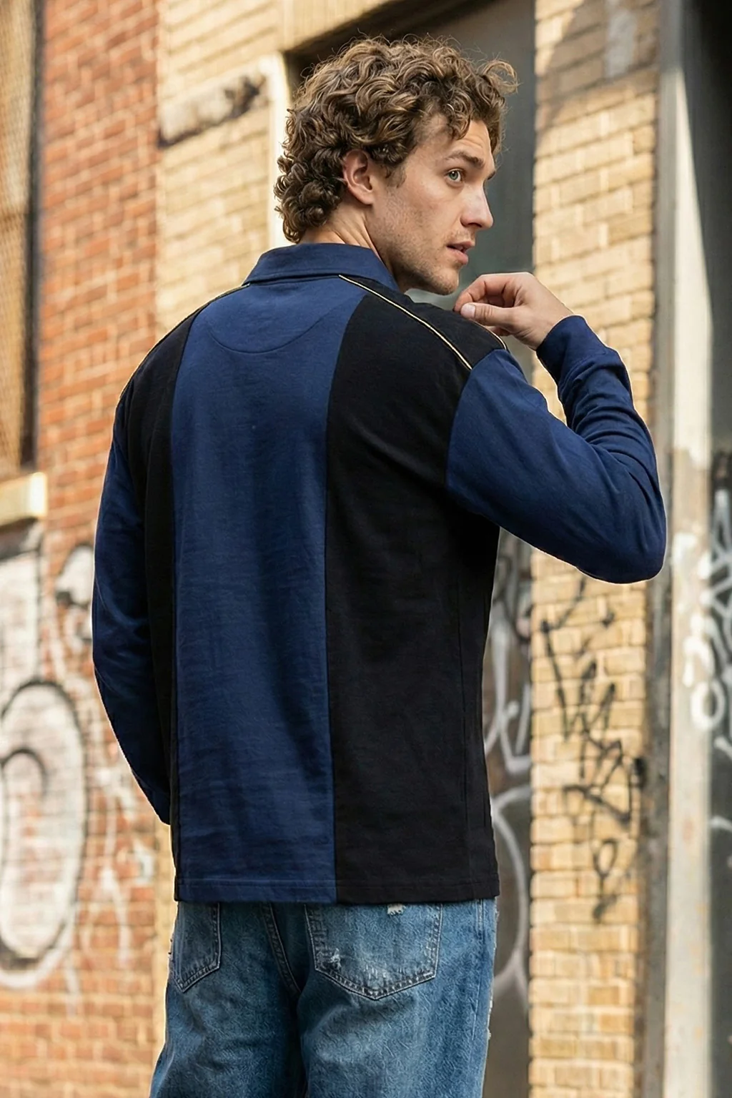 Veirdo Black & Navy Oversized Full Sleeve Exclusive Polo T-shirt - Image 2