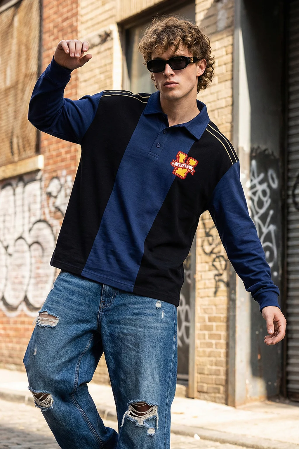 Veirdo Black & Navy Oversized Full Sleeve Exclusive Polo T-shirt - Image 6