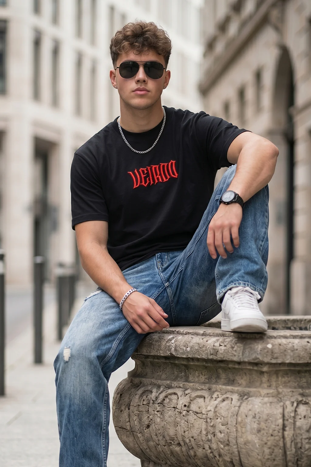 Veirdo Black Regular Fit Puff Printed T-shirt - Image 5