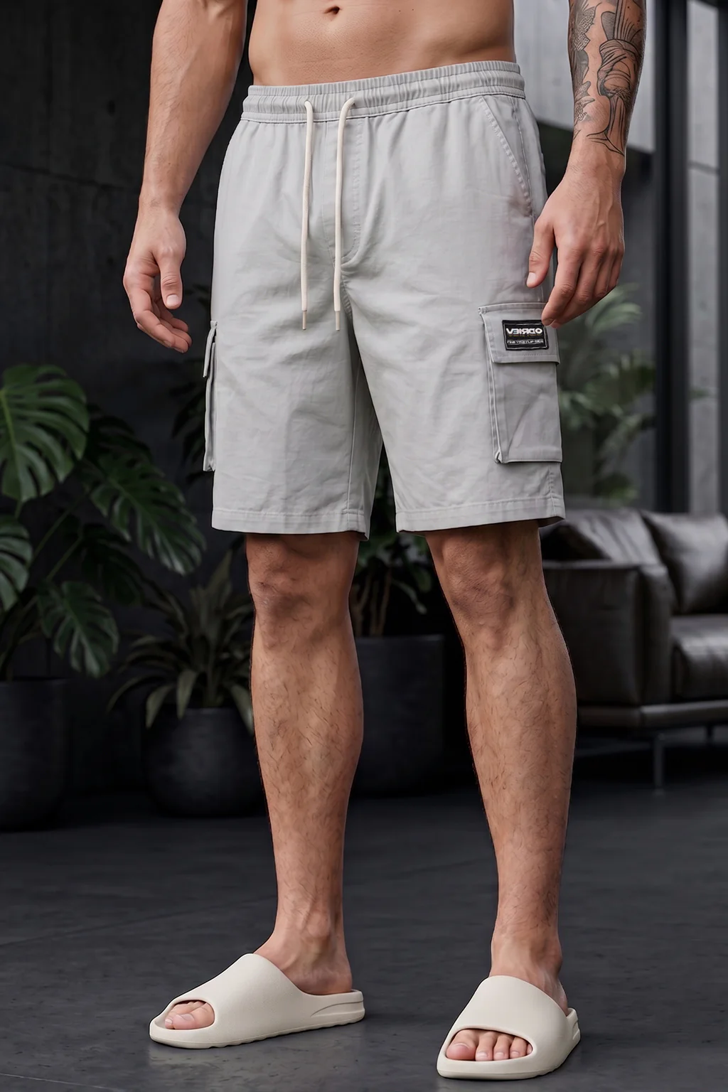 Veirdo Light Grey Minimal Cargo Shorts with Drawstring - Image 4
