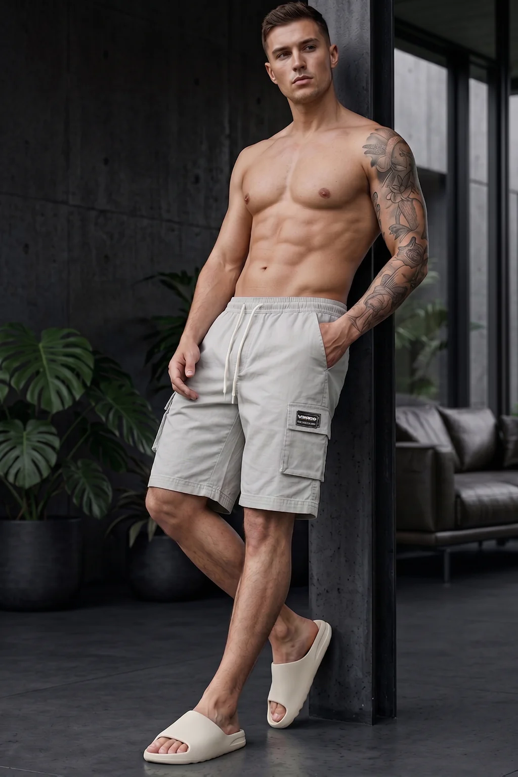 Veirdo Light Grey Minimal Cargo Shorts with Drawstring - Image 5