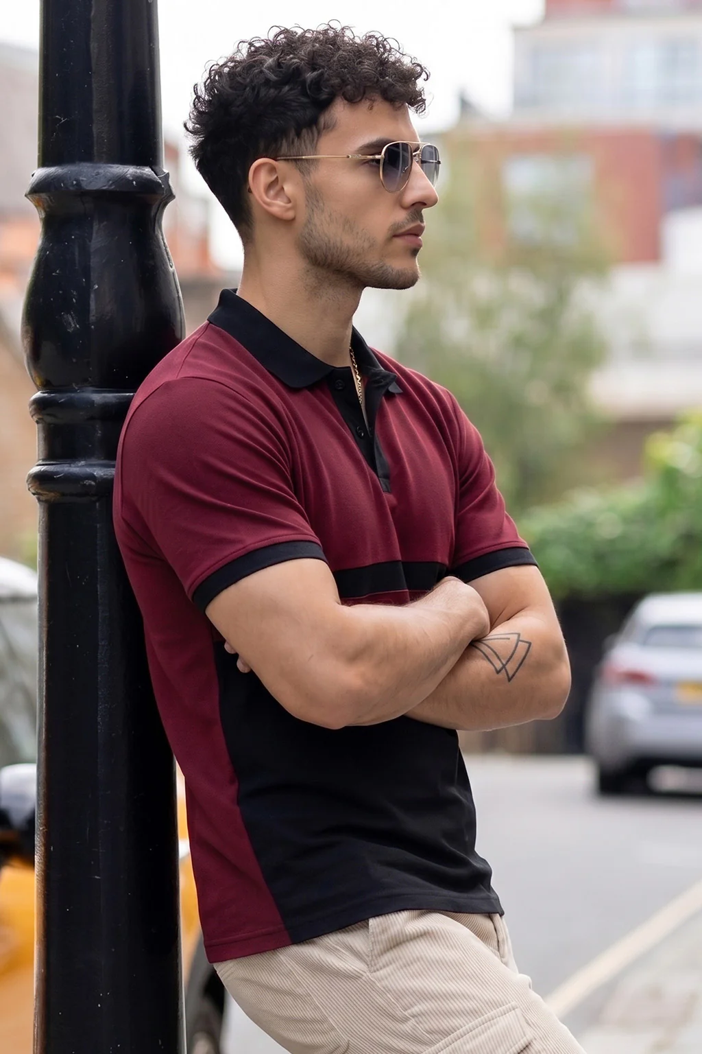 Black Maroon Colorblock Printed Regular Fit Polo T-shirt - Image 3