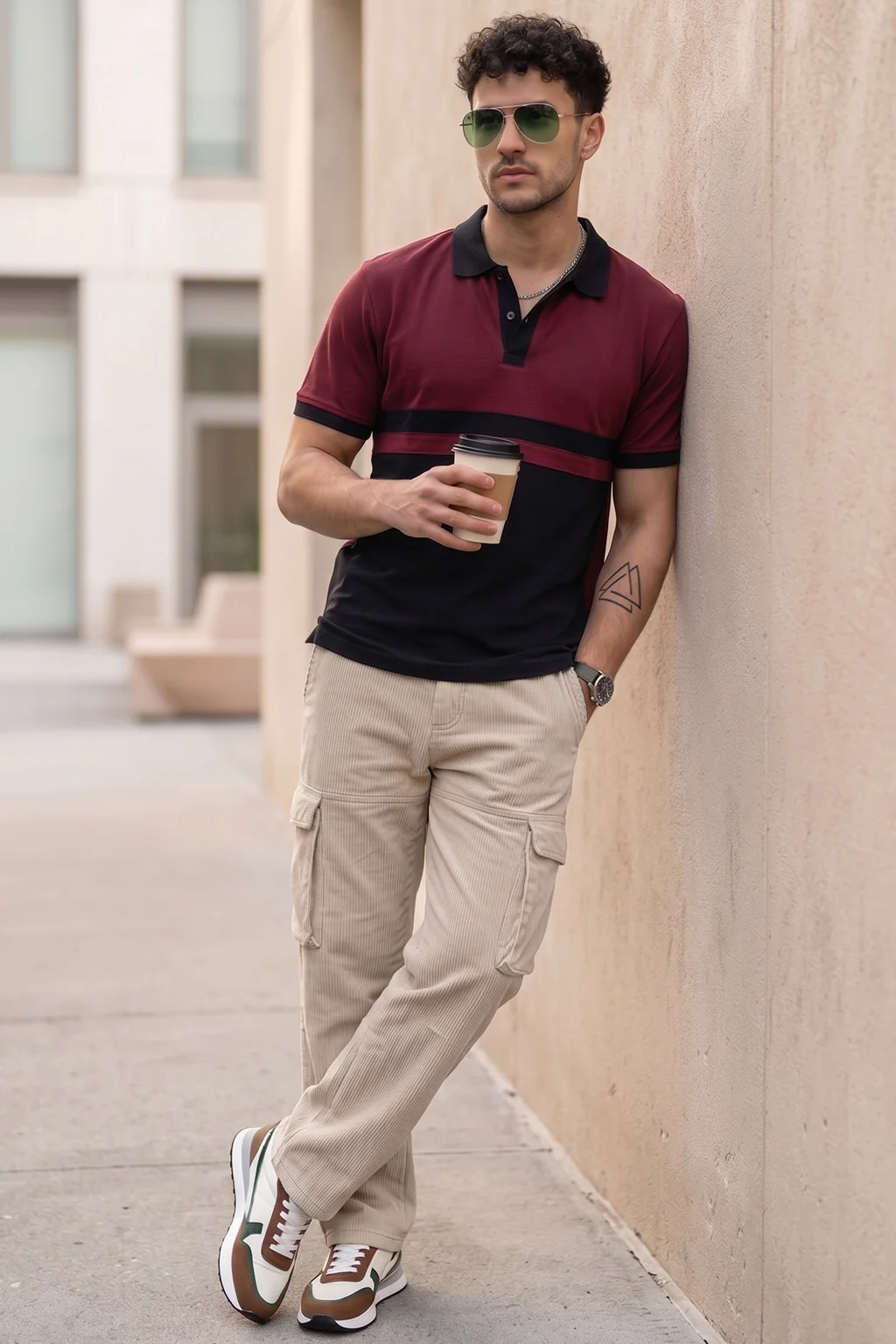 Black Maroon Colorblock Printed Regular Fit Polo T-shirt - Image 5
