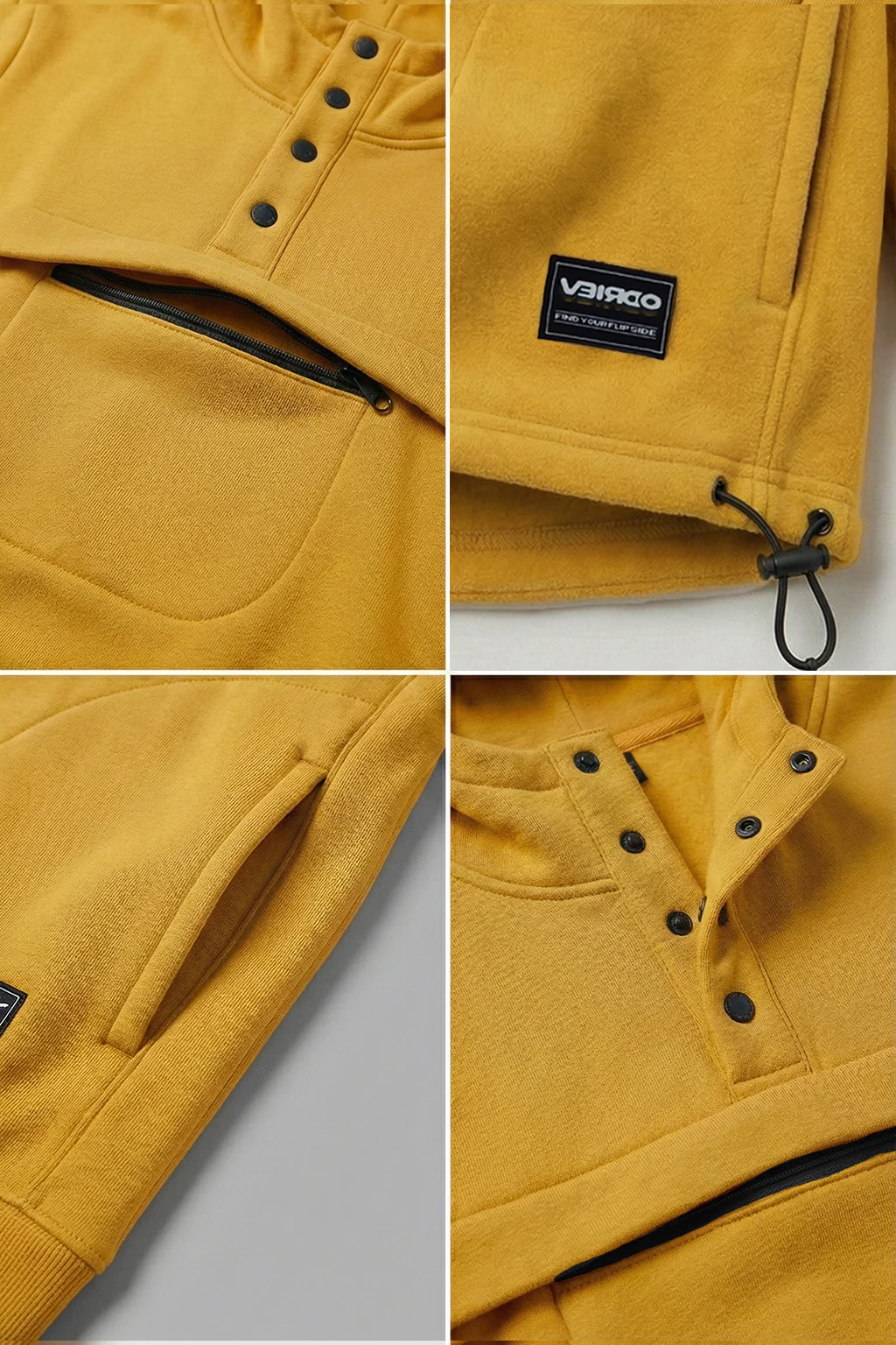 Veirdo Mustard Oversized Plain Button-Neck Pullover Hoodie - Image 3