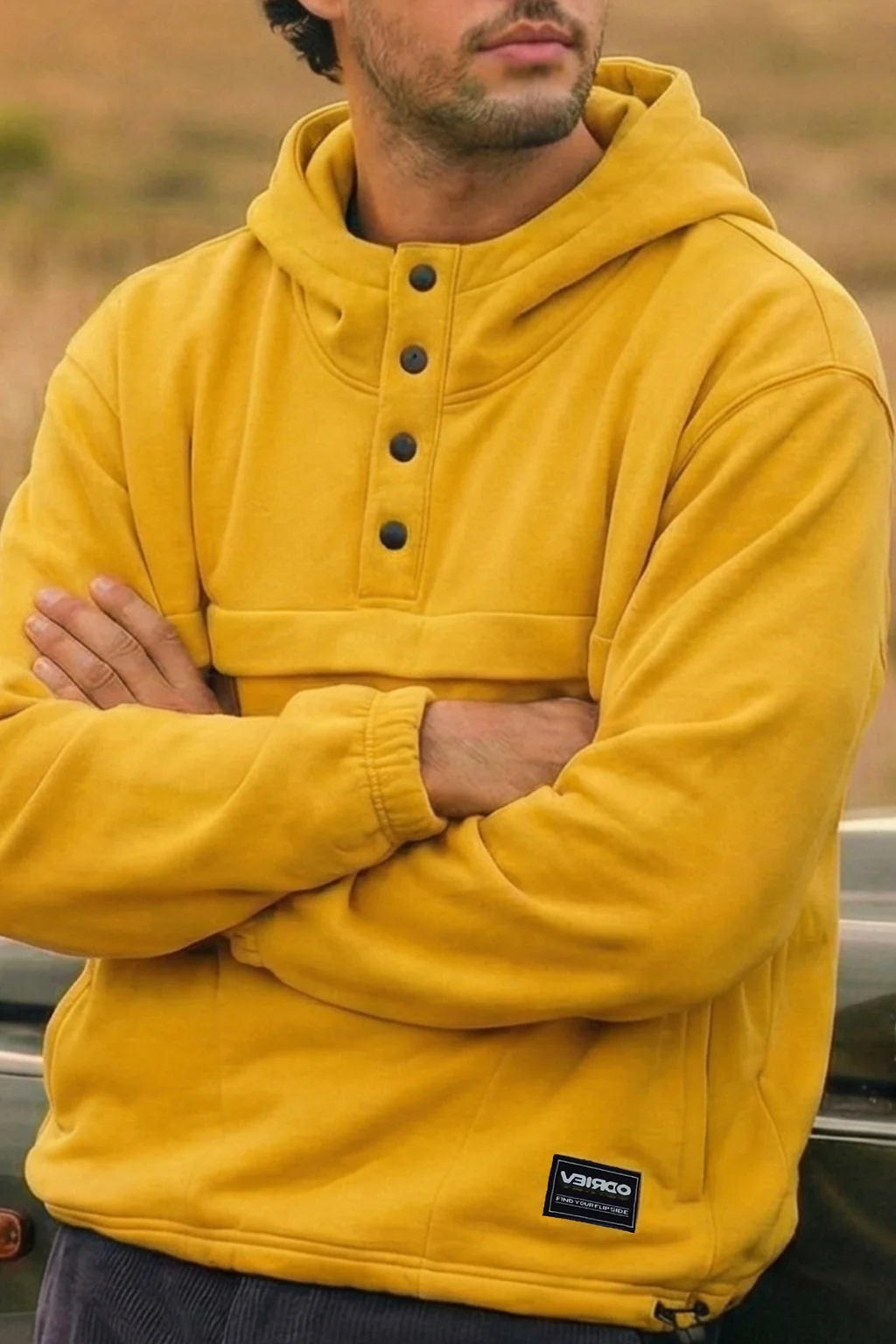 Veirdo Mustard Oversized Plain Button-Neck Pullover Hoodie - Image 4