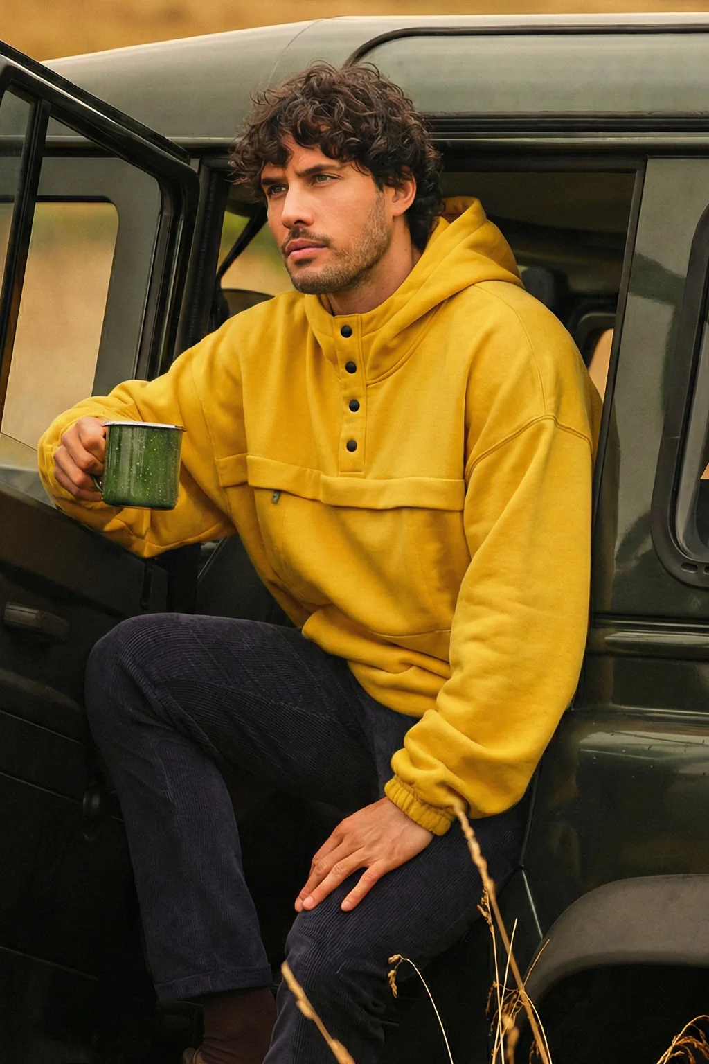 Veirdo Mustard Oversized Plain Button-Neck Pullover Hoodie - Image 7
