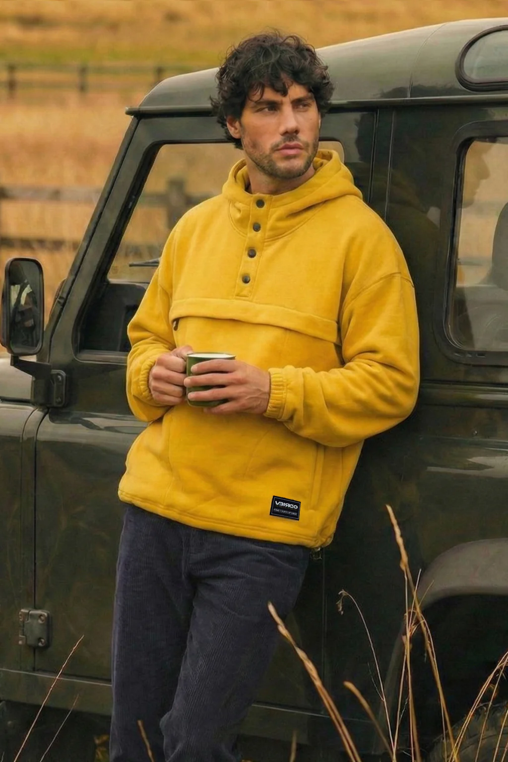 Veirdo Mustard Oversized Plain Button-Neck Pullover Hoodie - Image 8