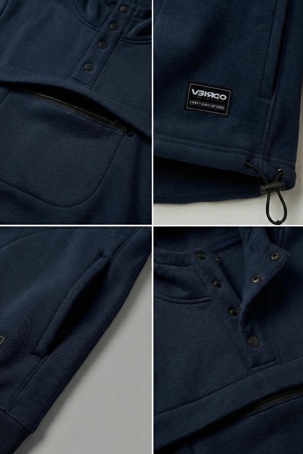 Veirdo Navy Oversized Plain Button-Neck Pullover Hoodie - Image 3