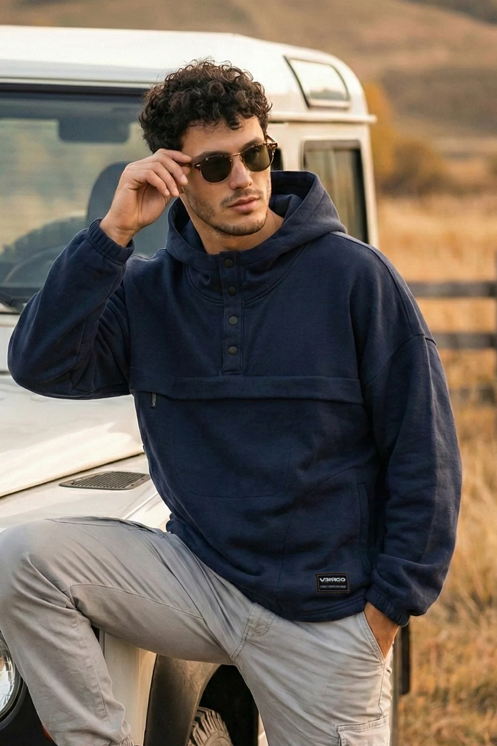Veirdo Navy Oversized Plain Button-Neck Pullover Hoodie - Image 4