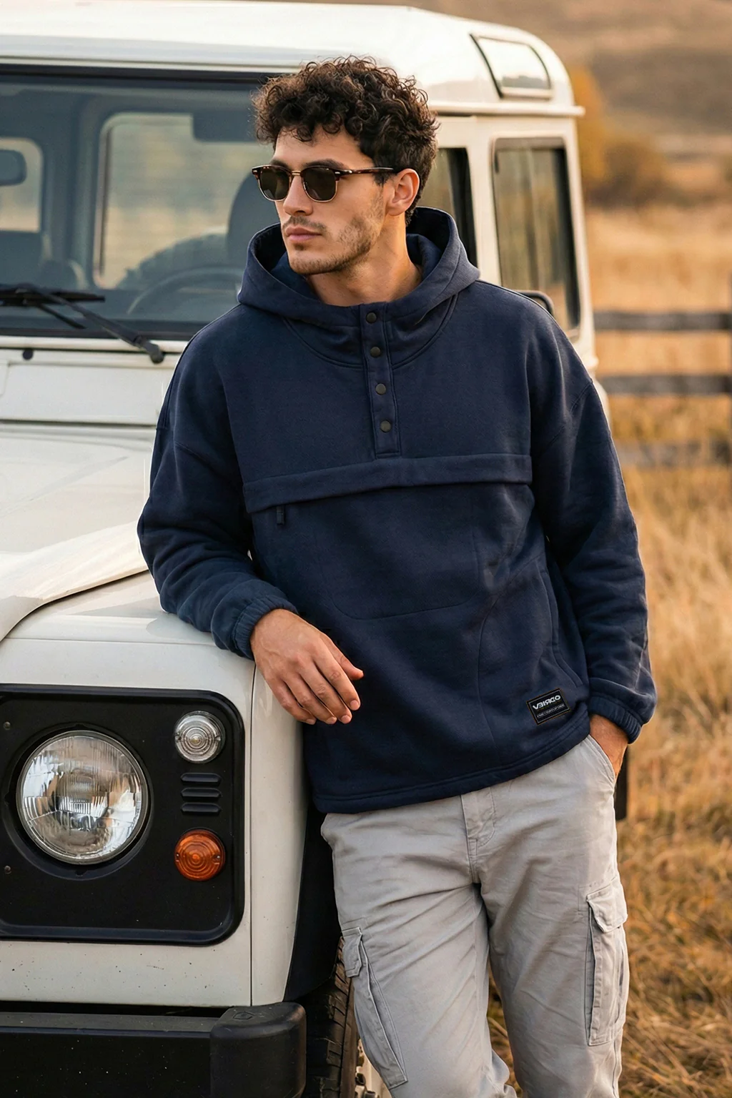 Veirdo Navy Oversized Plain Button-Neck Pullover Hoodie - Image 8