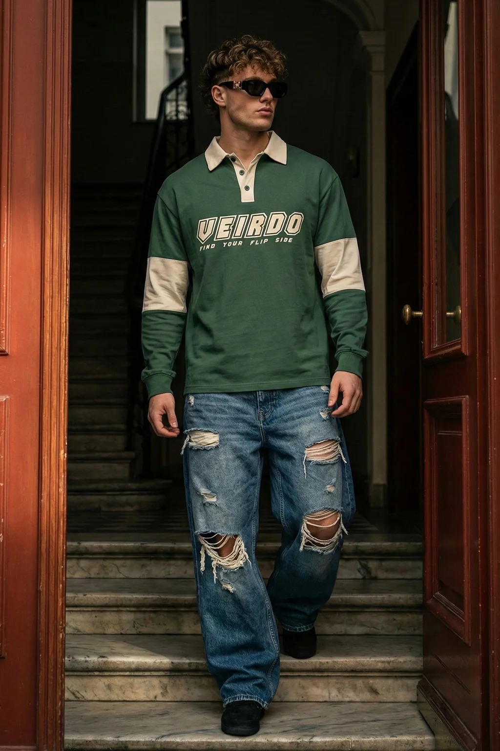 Veirdo Olive & Beige Oversized Full Sleeve Exclusive Polo T-shirt - Image 6