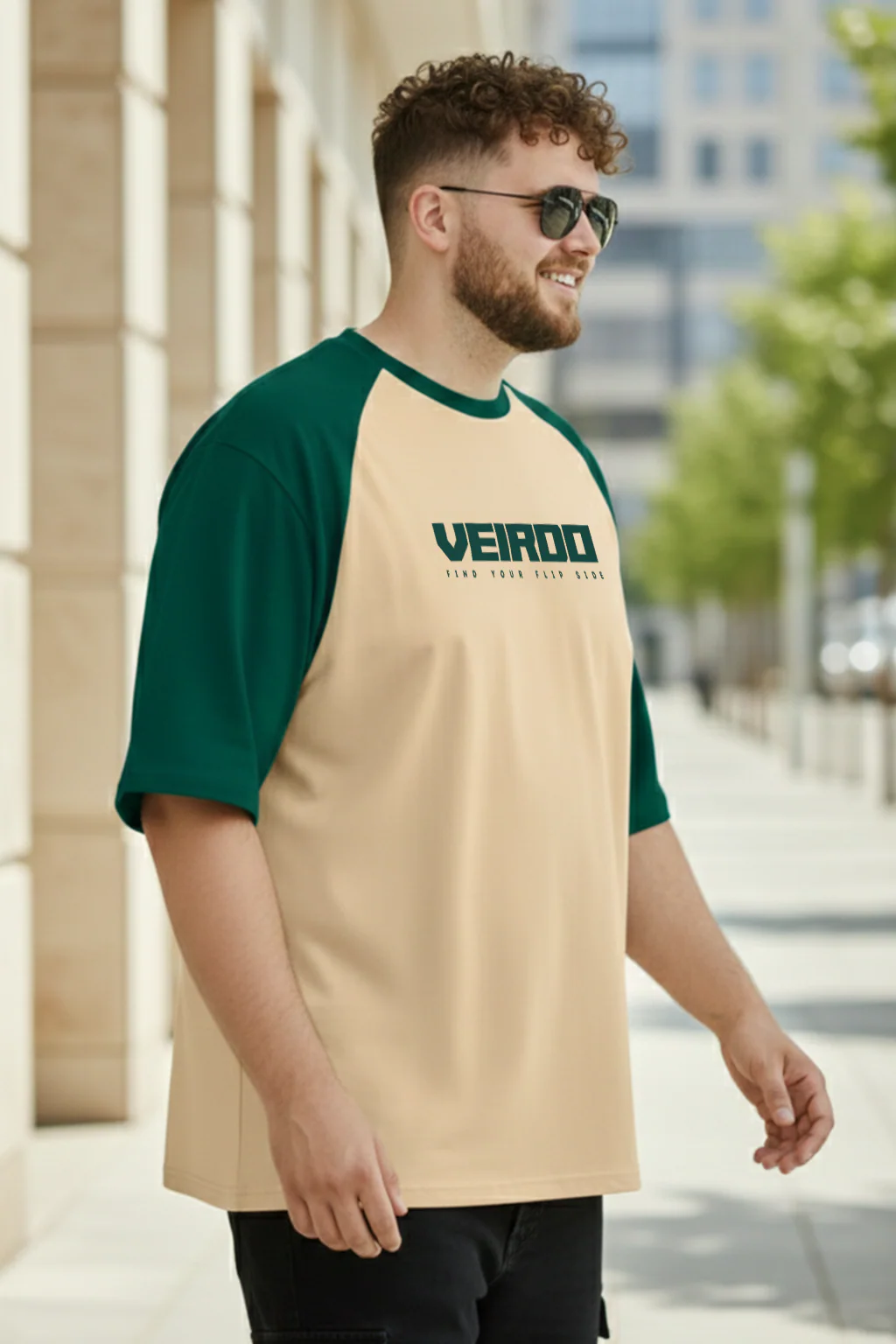 Veirdo Original Beige & Green Raglan Sleeve Graphic Printed Plus Size T-shirt - Image 2