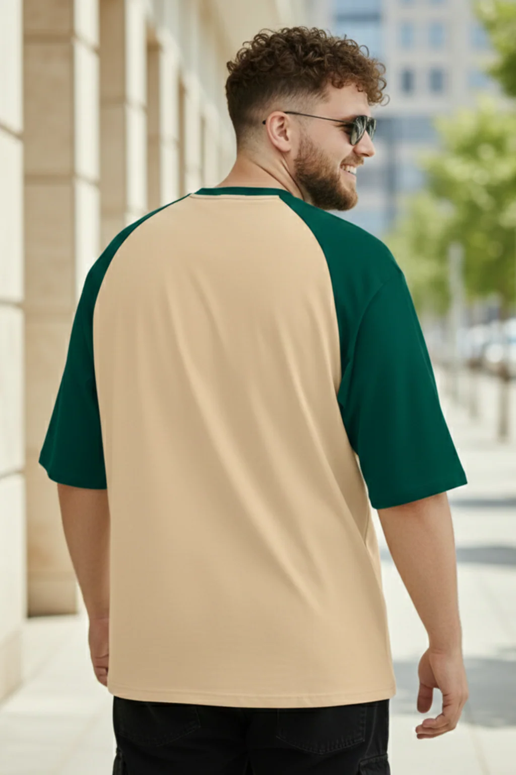 Veirdo Original Beige & Green Raglan Sleeve Graphic Printed Plus Size T-shirt - Image 3