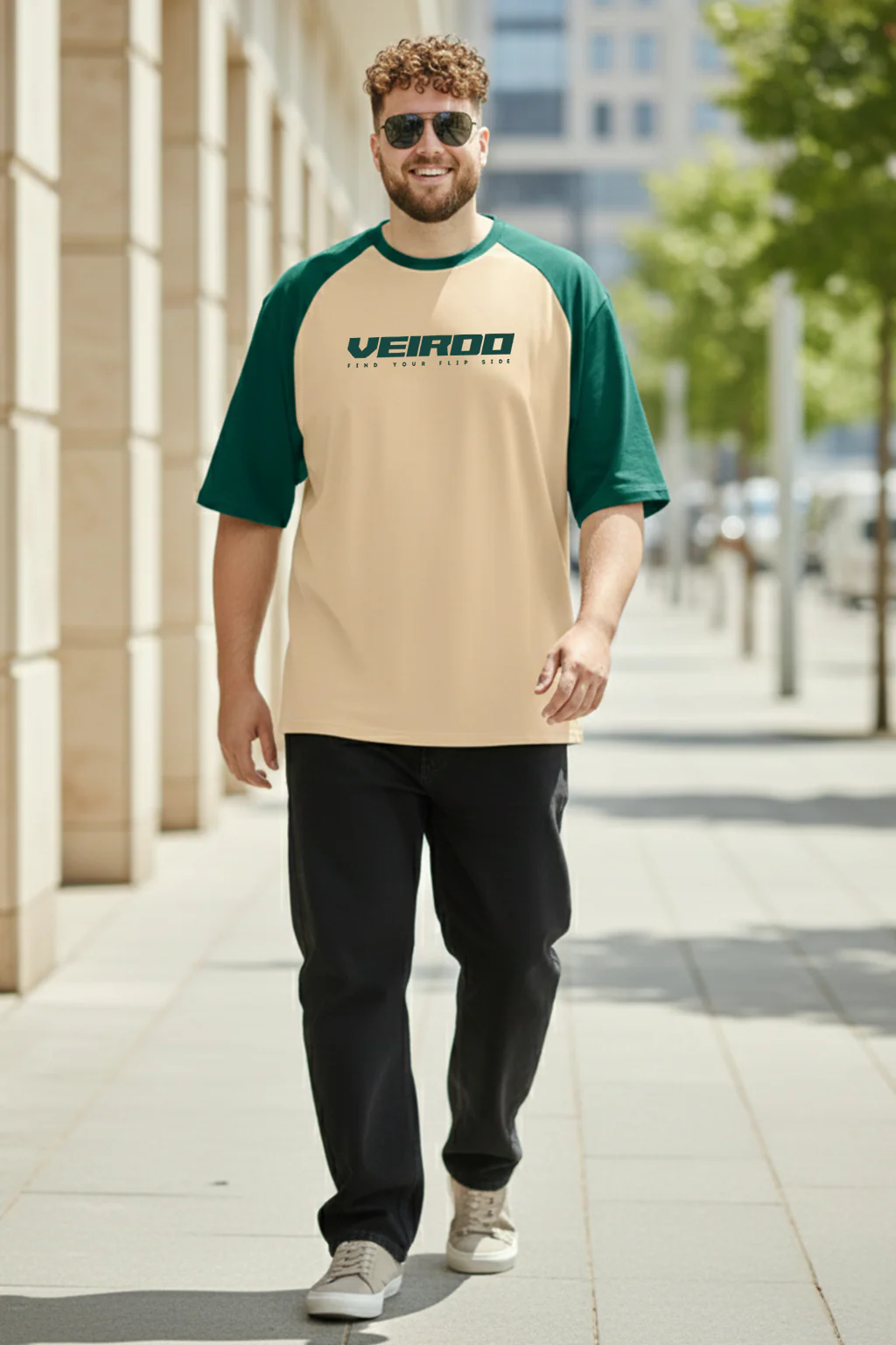 Veirdo Original Beige & Green Raglan Sleeve Graphic Printed Plus Size T-shirt - Image 4