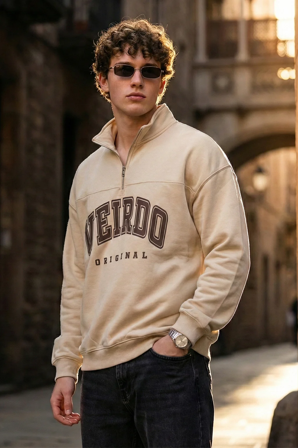 Veirdo Original Beige Oversized Full Sleeve Printed Exclusive Polo T-shirt - Image 2