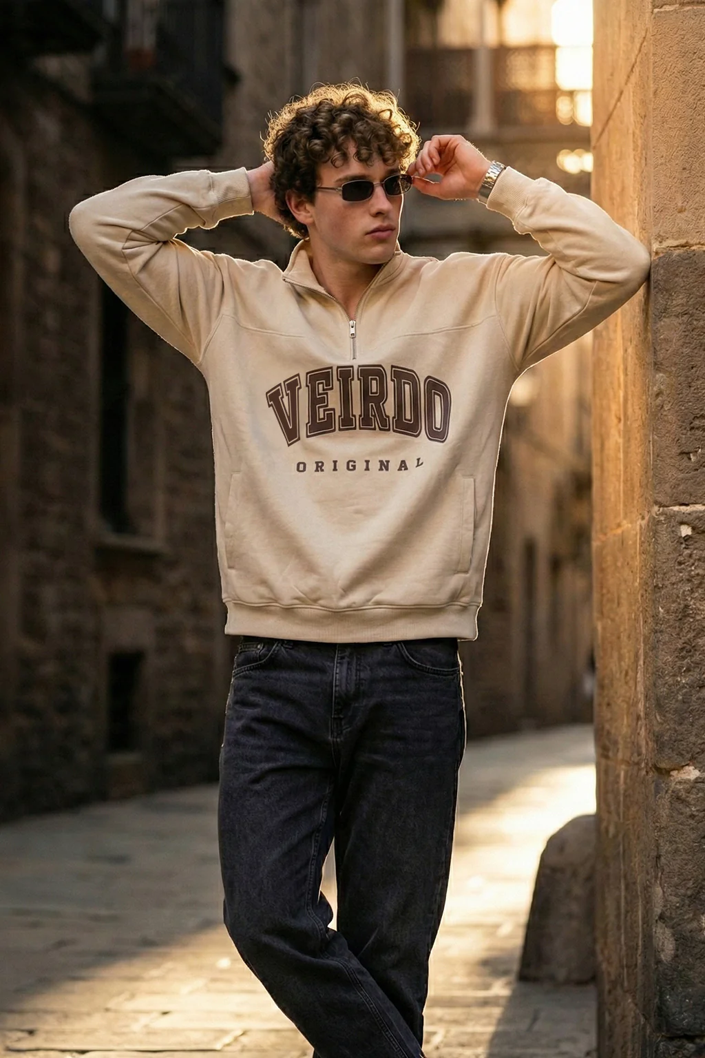 Veirdo Original Beige Oversized Full Sleeve Printed Exclusive Polo T-shirt - Image 4