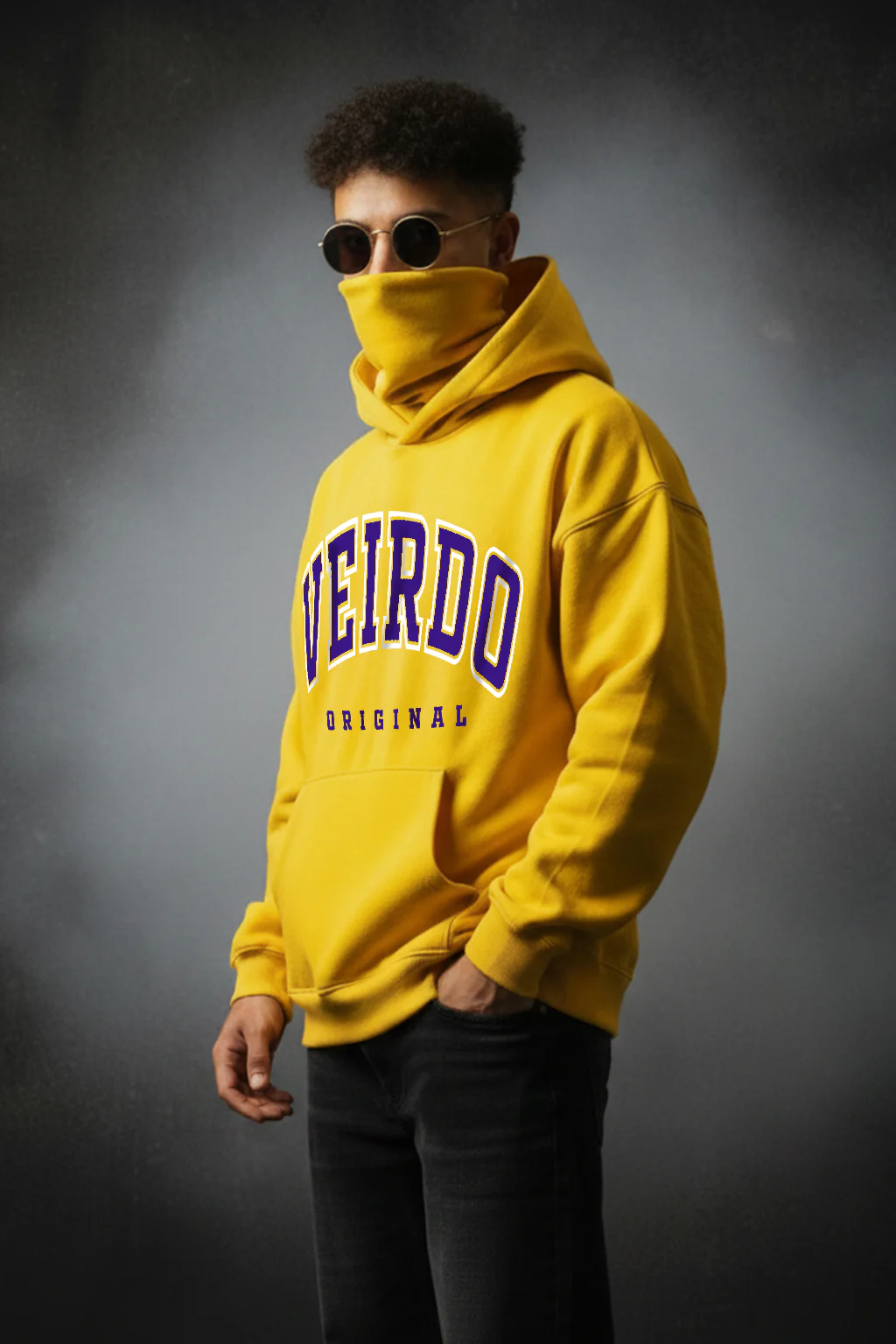 Veirdo Original Mustard Oversized Printed Hoodie With Face Mask - Image 4