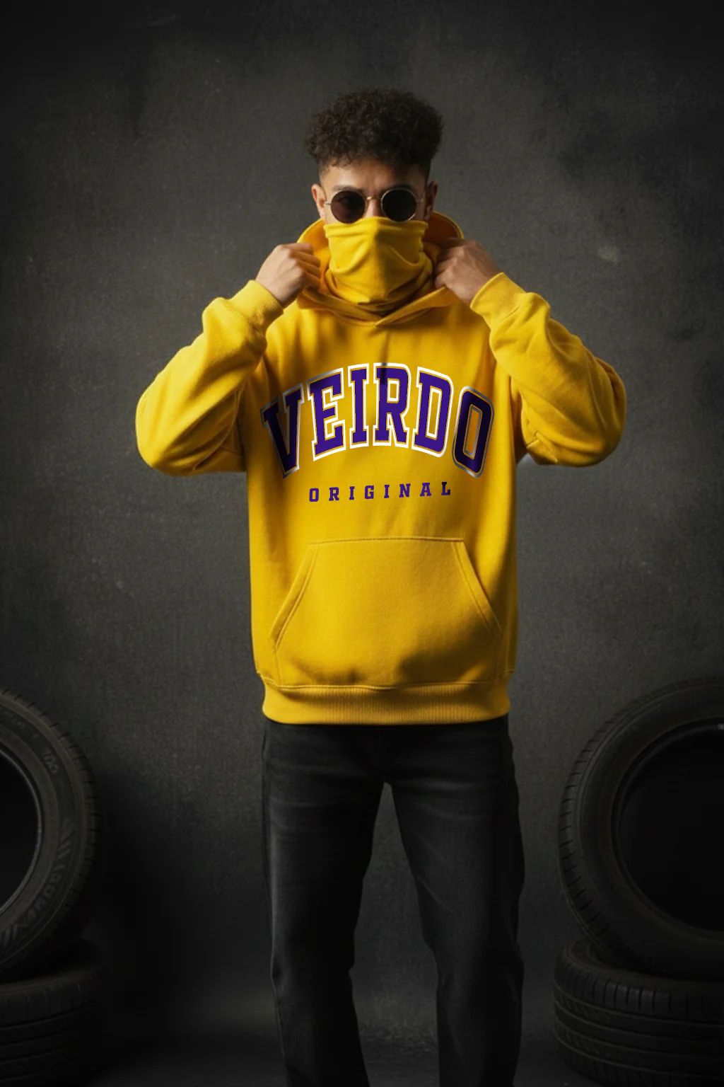 Veirdo Original Mustard Oversized Printed Hoodie With Face Mask - Image 5