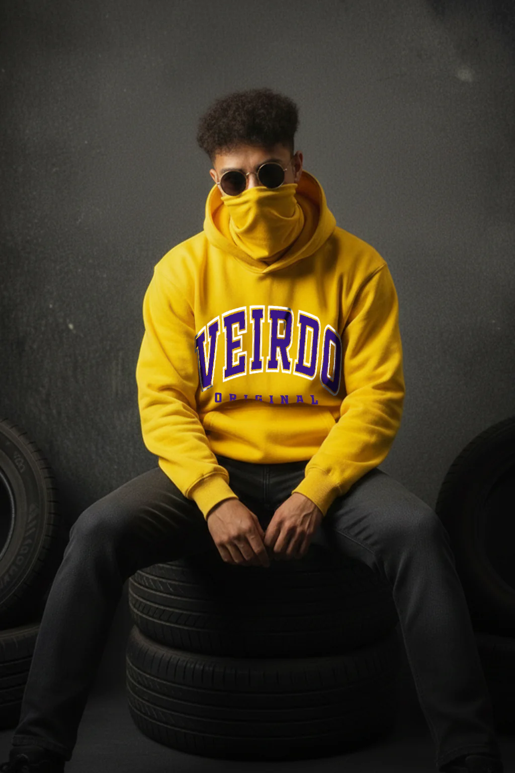 Veirdo Original Mustard Oversized Printed Hoodie With Face Mask - Image 6