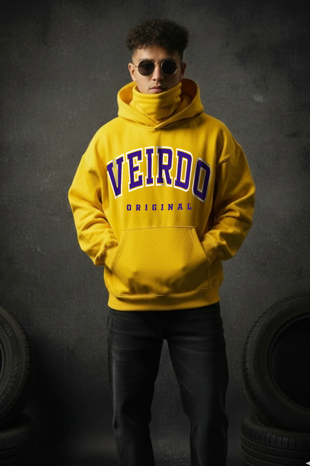 Veirdo Original Mustard Oversized Printed Hoodie With Face Mask - Image 7
