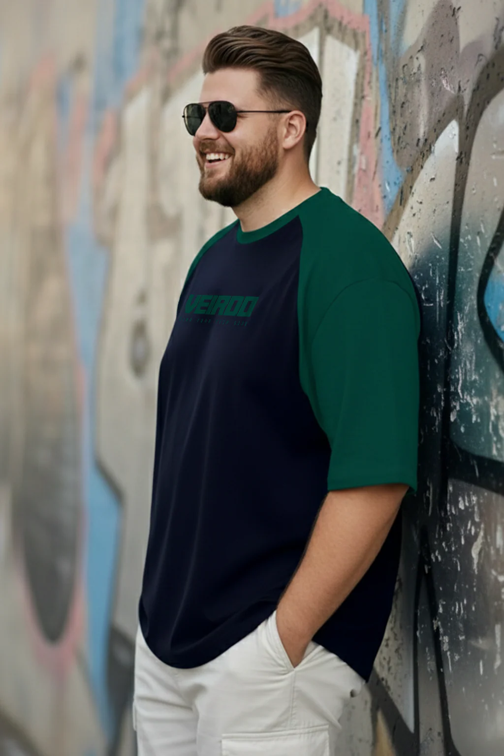 Veirdo Original Navy & Green Raglan Sleeve Graphic Printed Plus Size T-shirt - Image 2