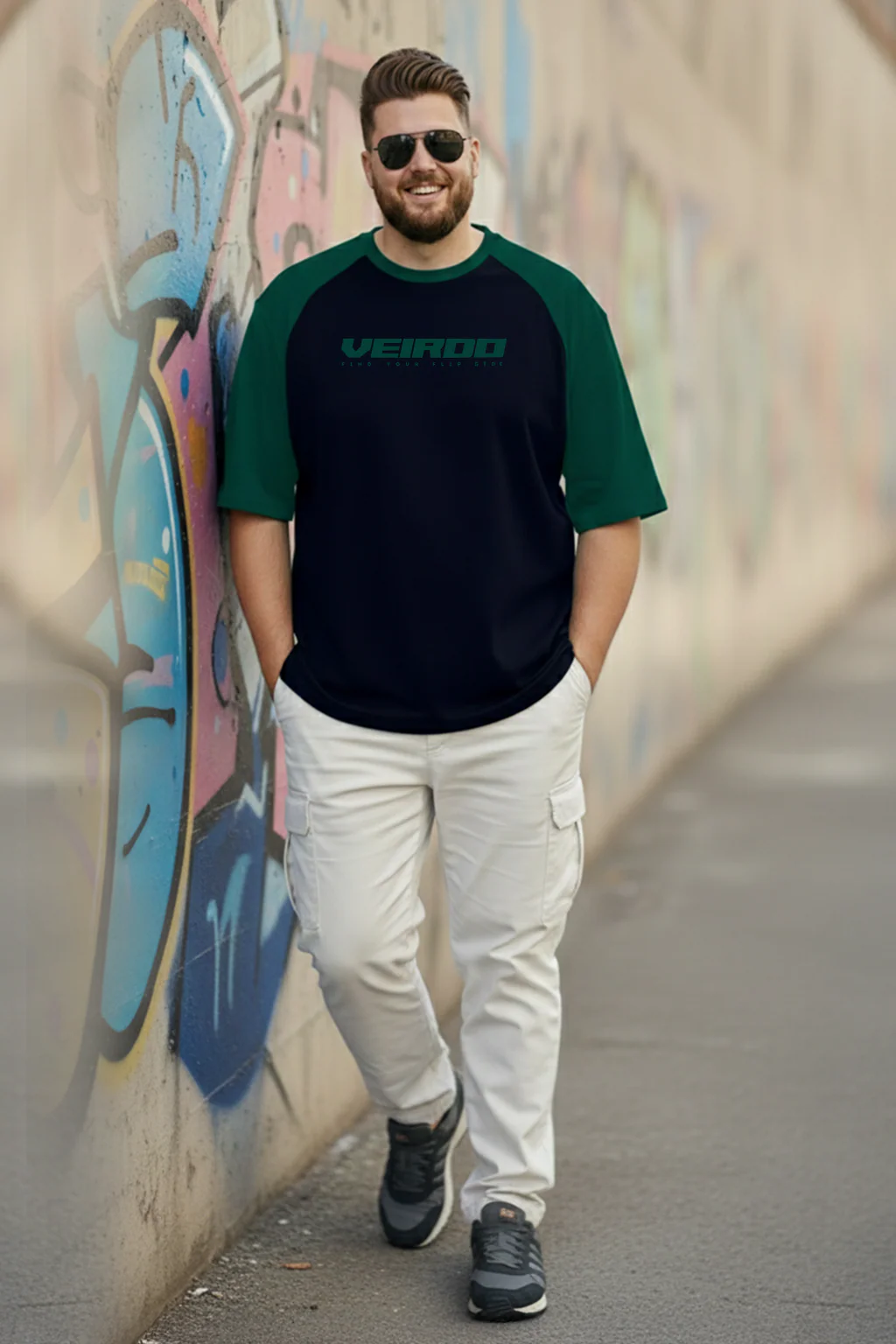 Veirdo Original Navy & Green Raglan Sleeve Graphic Printed Plus Size T-shirt - Image 4