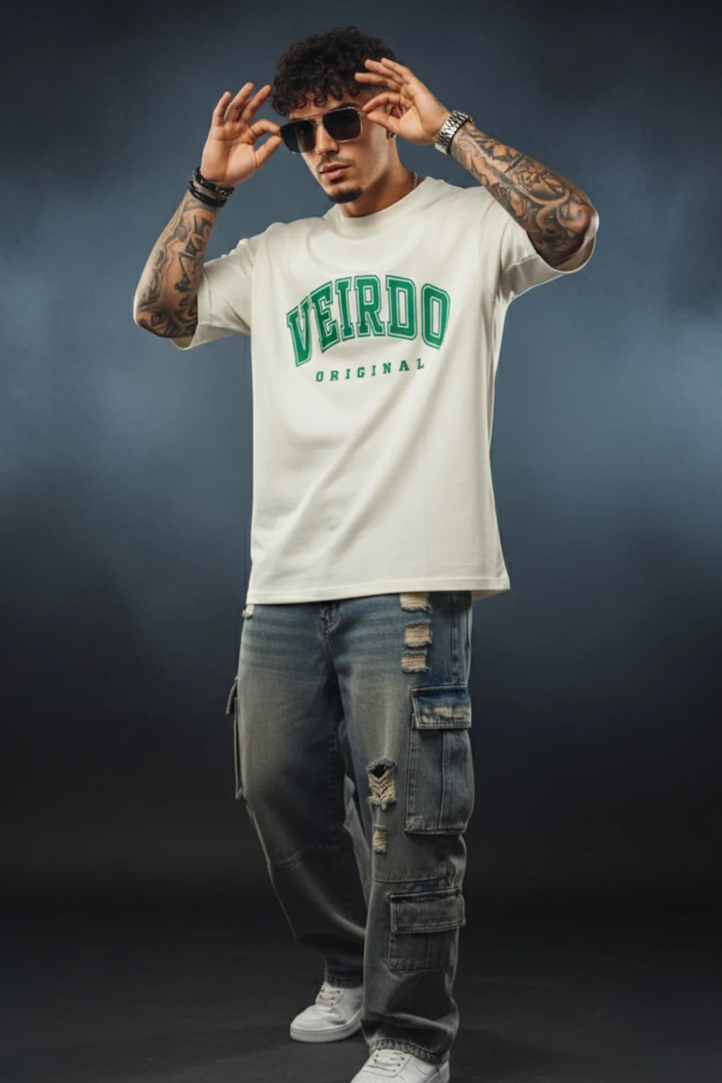 Veirdo Original Beige Oversized Typography Brand Printed  T-shirt - Image 3