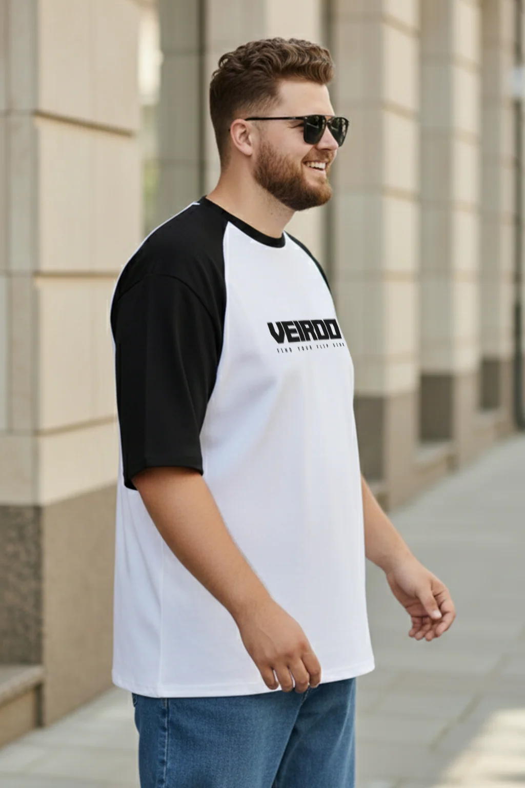 Veirdo Original White & Black Raglan Sleeve Graphic Printed Plus Size T-shirt - Image 2