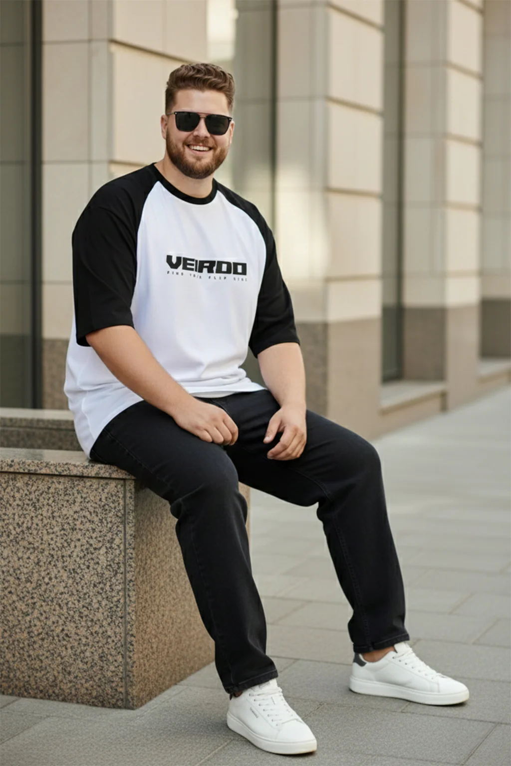 Veirdo Original White & Black Raglan Sleeve Graphic Printed Plus Size T-shirt - Image 4