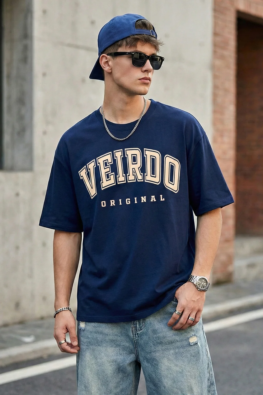 Veirdo Original Navy Oversized Typography Brand Printed T-shirt - Image 2