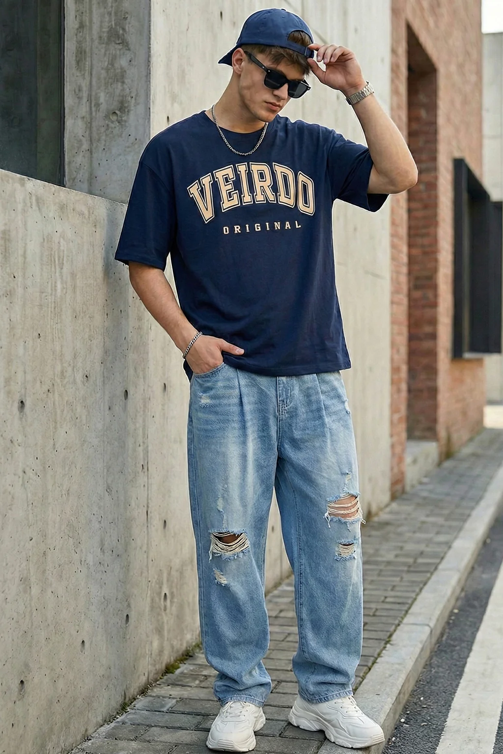 Veirdo Original Navy Oversized Typography Brand Printed T-shirt - Image 4