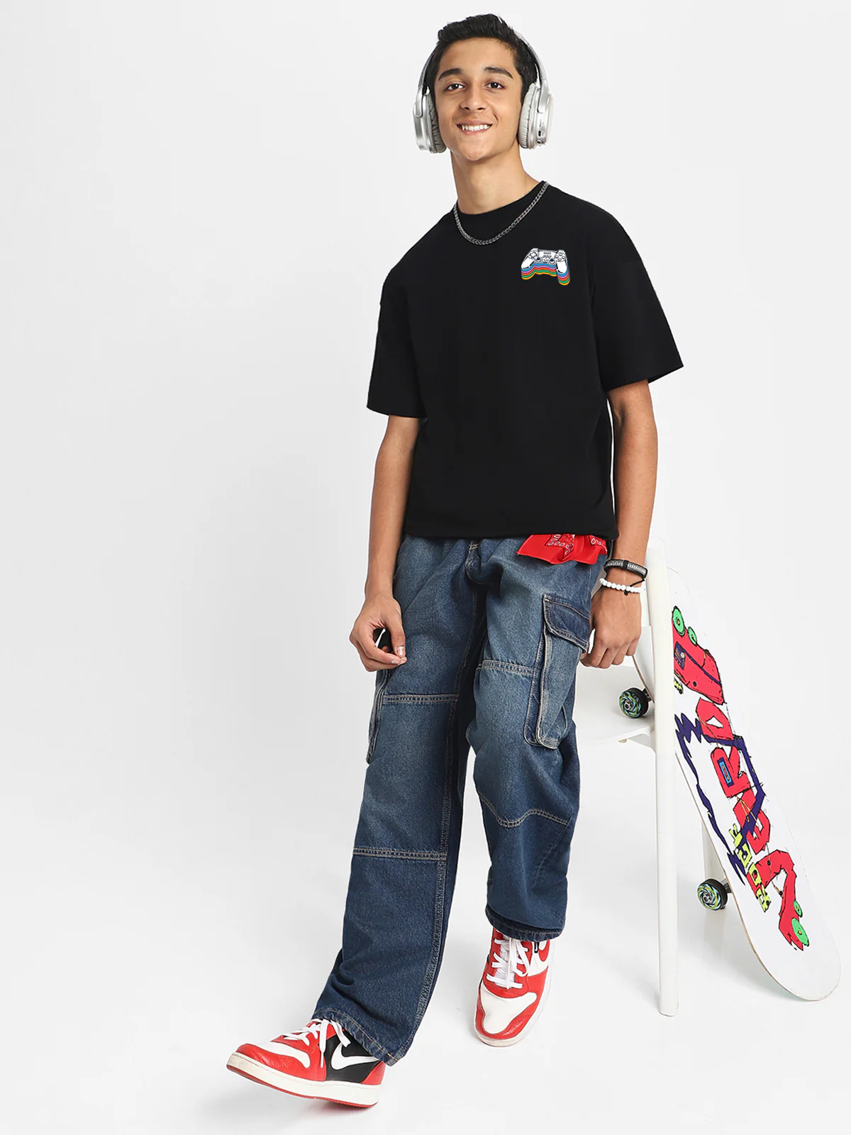 Video Game Black Oversized Graphic Pocket Printed Boys T-shirt - Image 7