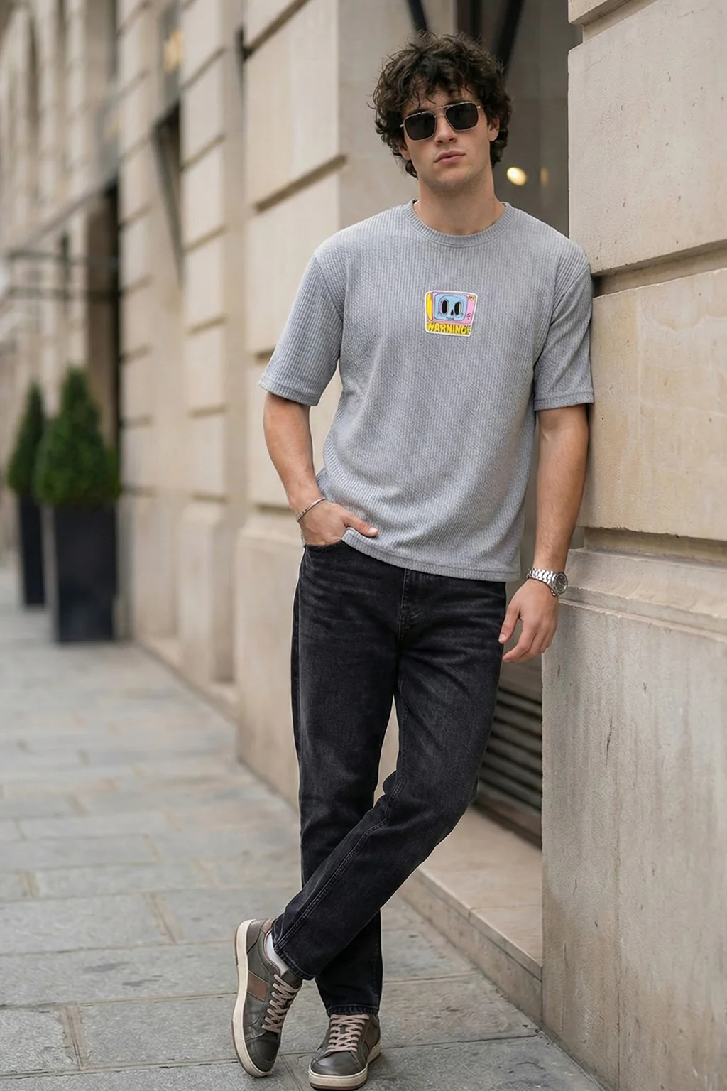 Warning Grey Oversized Textured T-shirt - Image 5