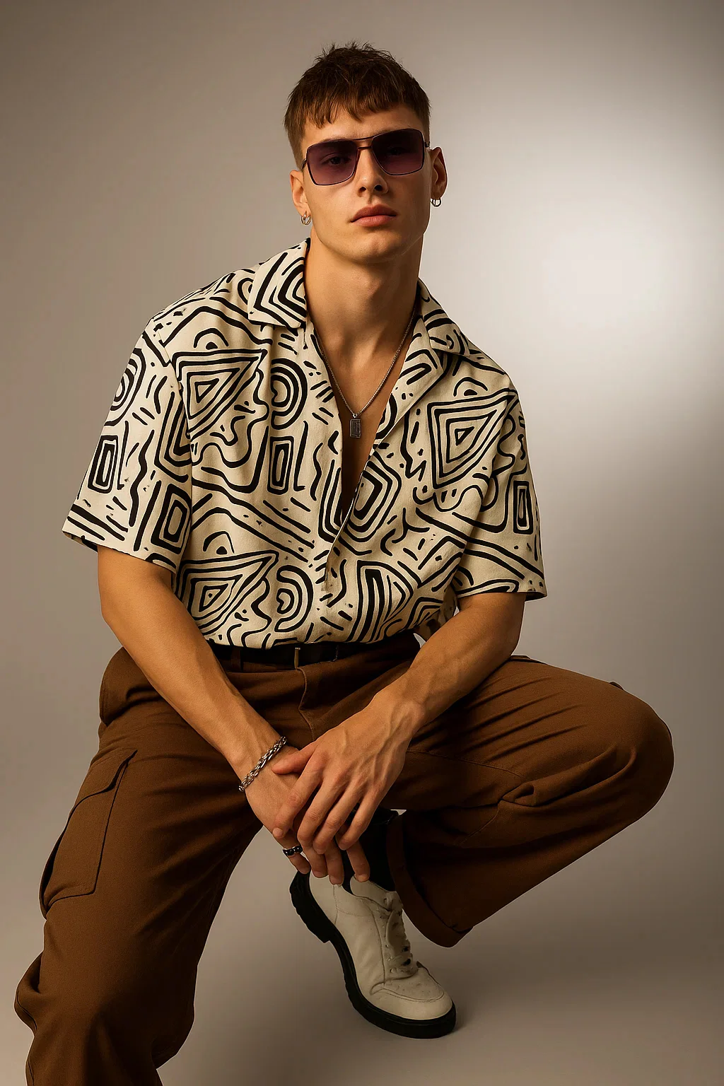 White & Black Camp Collar All Over Print Oversized Exclusive Shirt - Image 3