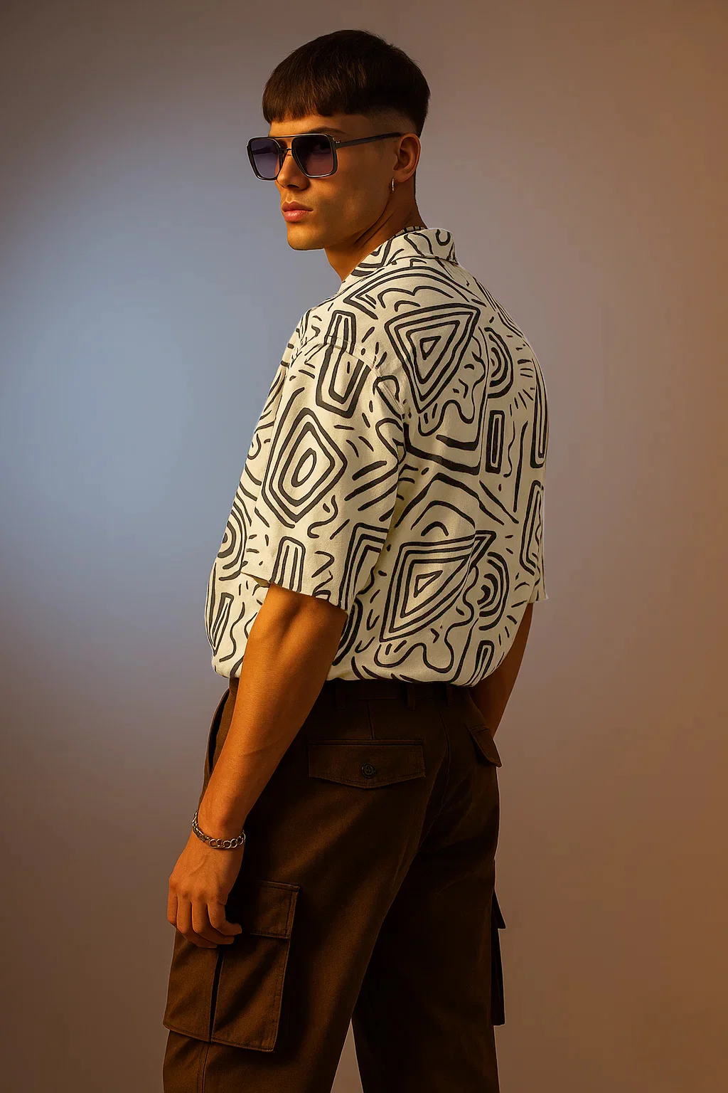 White & Black Camp Collar All Over Print Oversized Exclusive Shirt - Image 4