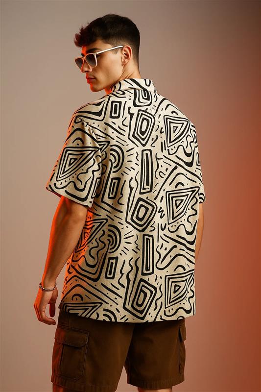 White & Black Camp Collar All Over Print Oversized Exclusive Shirt - Image 5