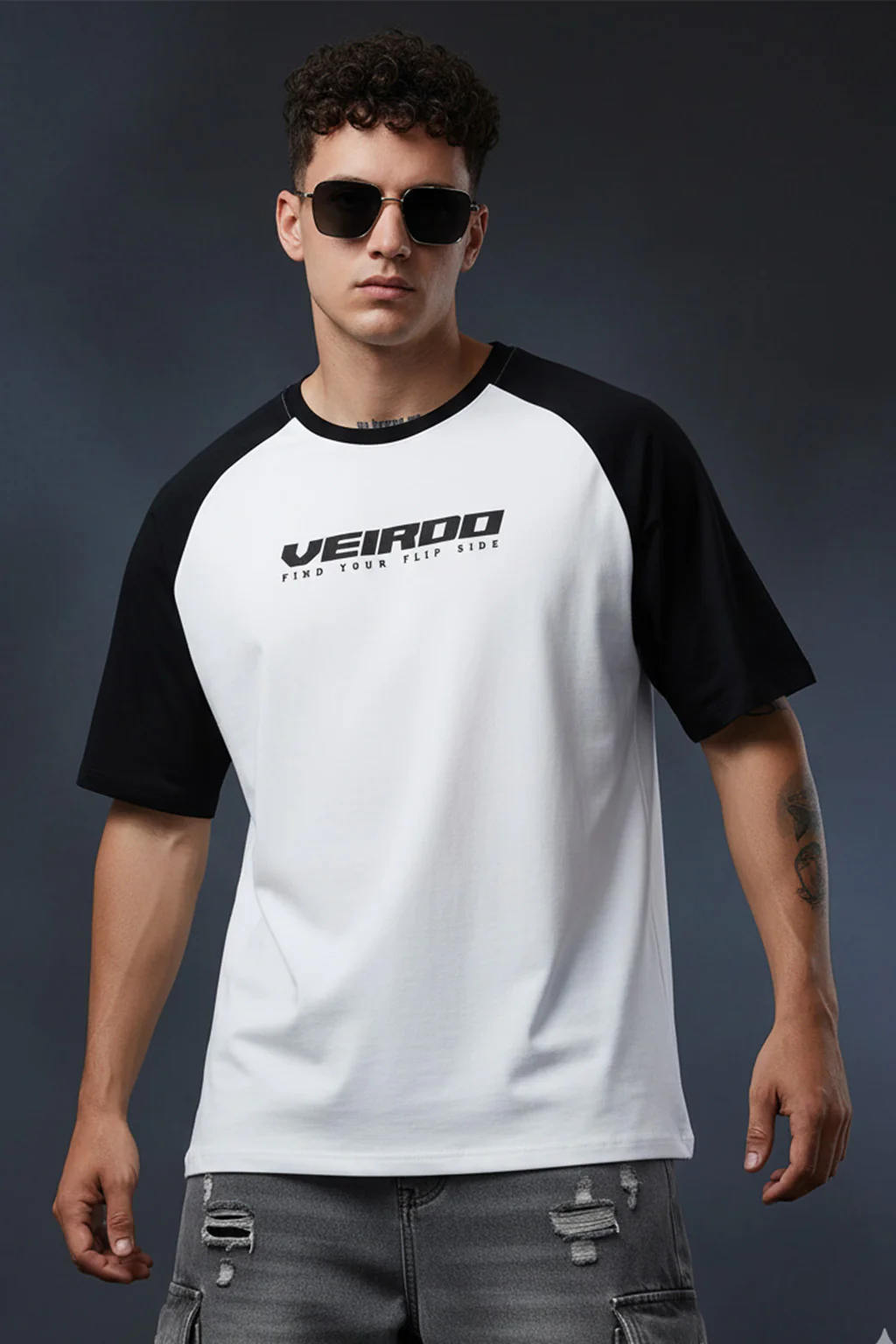 White-Black Raglan Oversized Typography Printed T-shirt