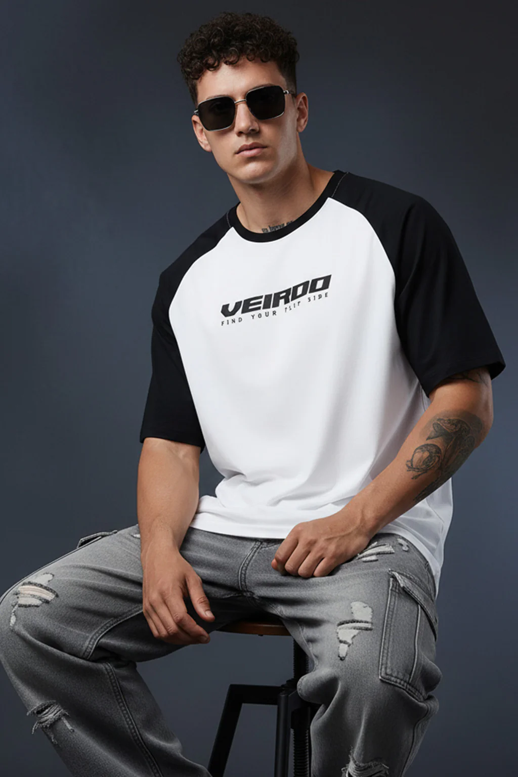 White-Black Raglan Oversized Typography Printed T-shirt - Image 2