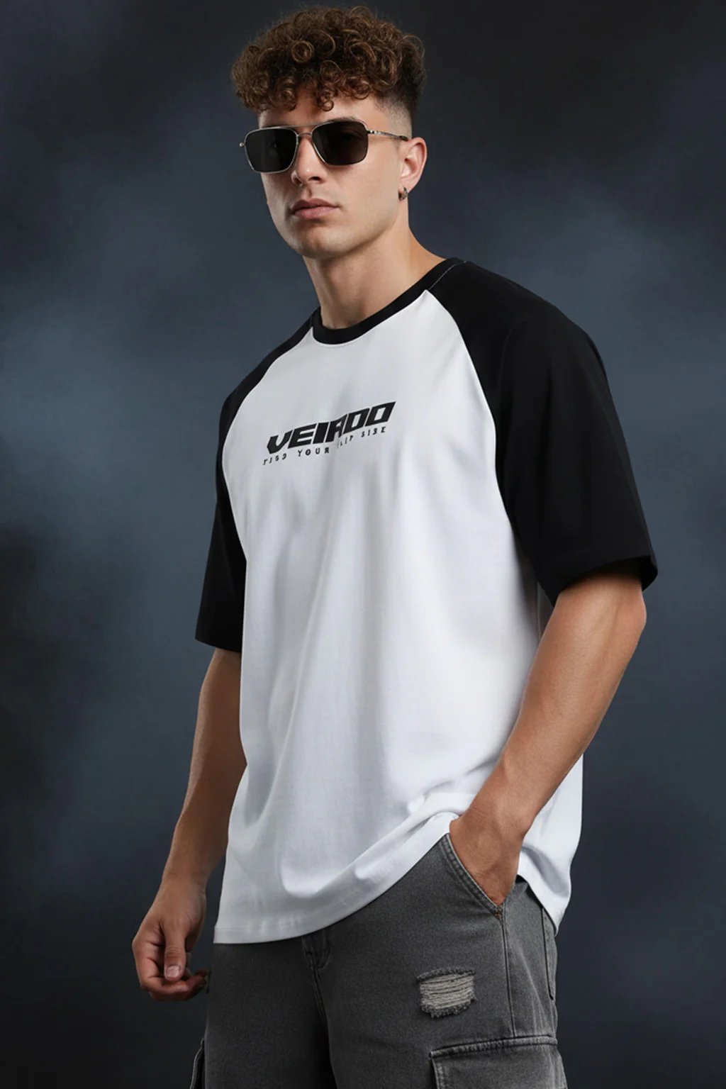 White-Black Raglan Oversized Typography Printed T-shirt - Image 4