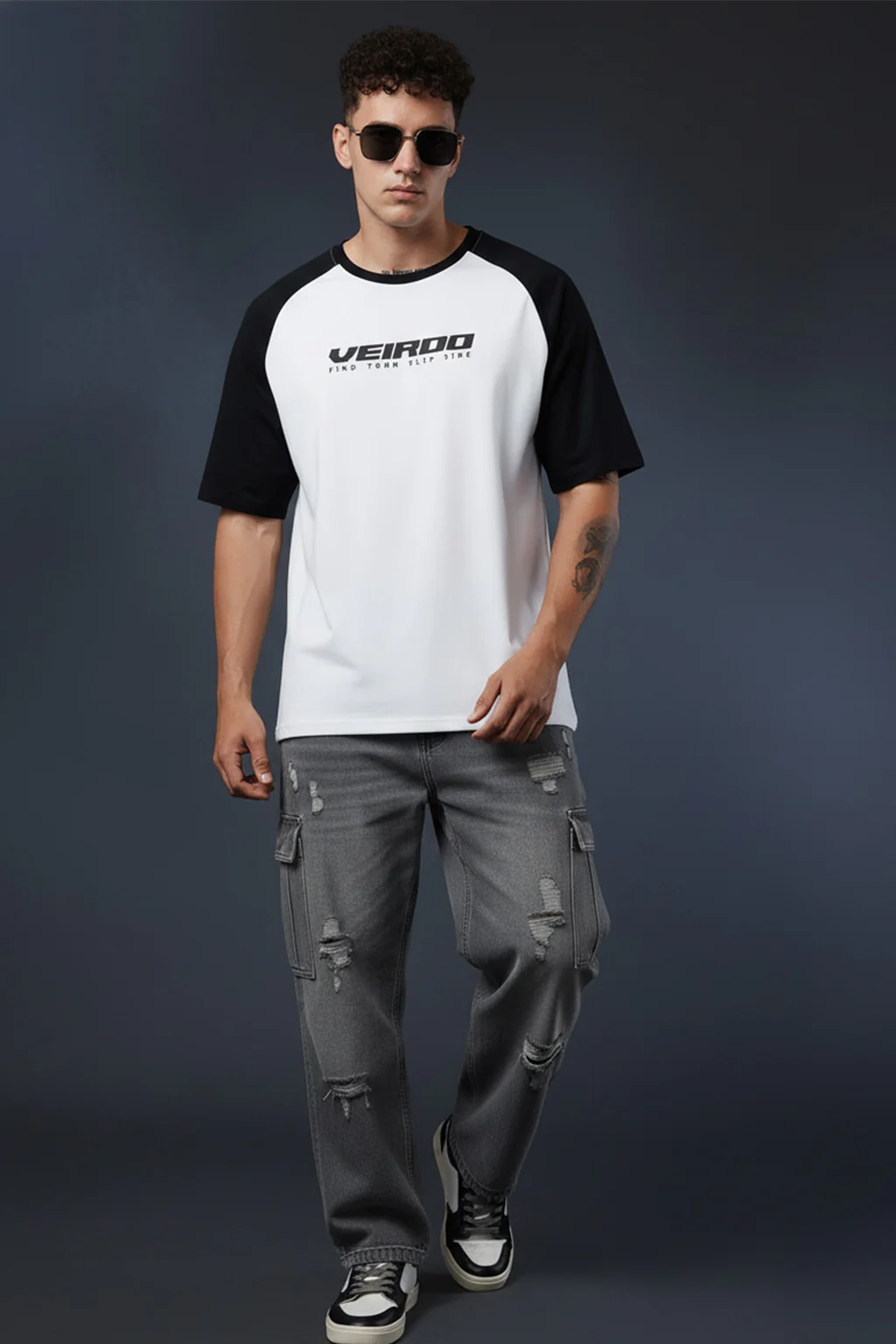 White-Black Raglan Oversized Typography Printed T-shirt - Image 5
