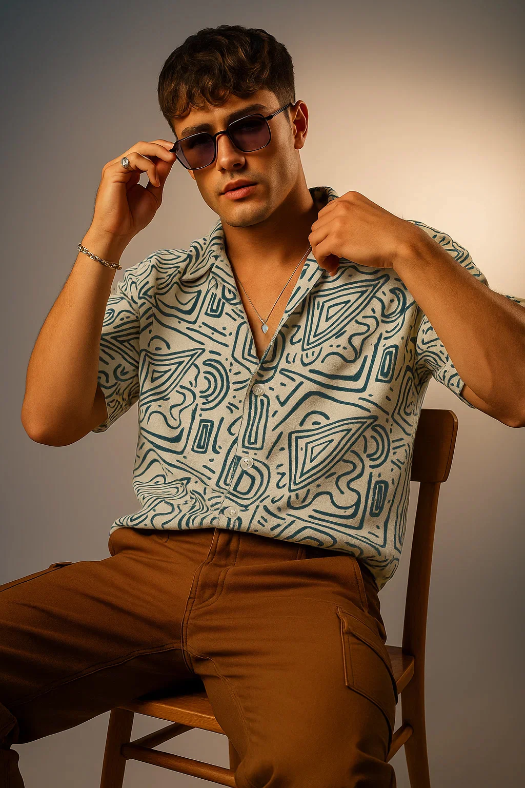 White Blue Camp Collar All Over Print Oversized Exclusive Shirt - Image 4