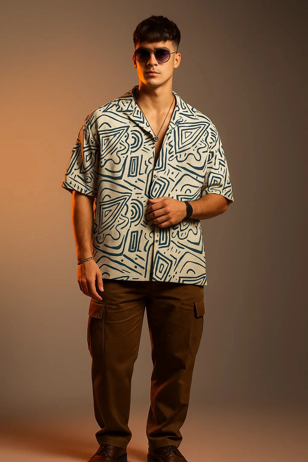 White Blue Camp Collar All Over Print Oversized Exclusive Shirt - Image 5