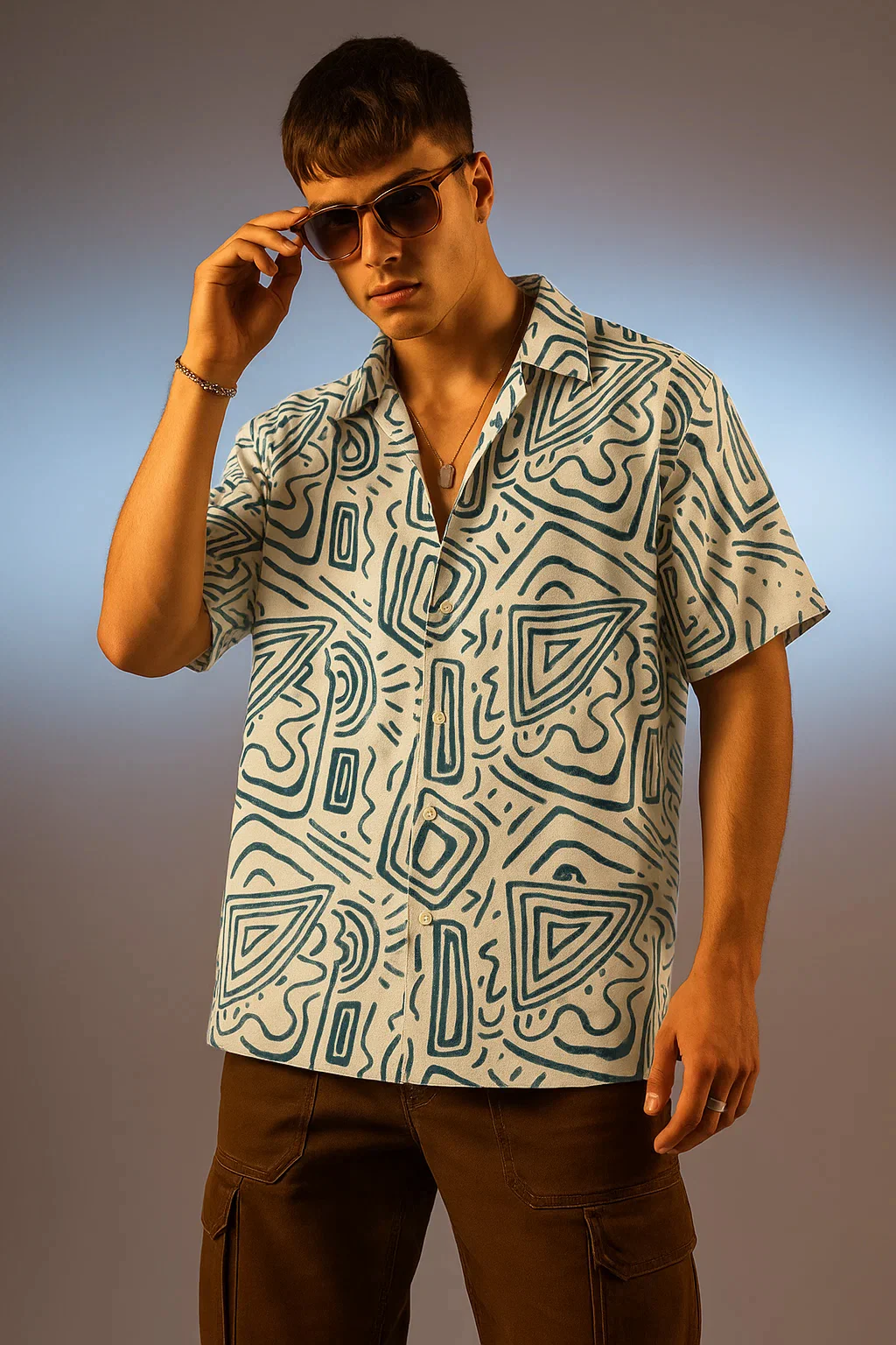 White Blue Camp Collar All Over Print Oversized Exclusive Shirt - Image 6