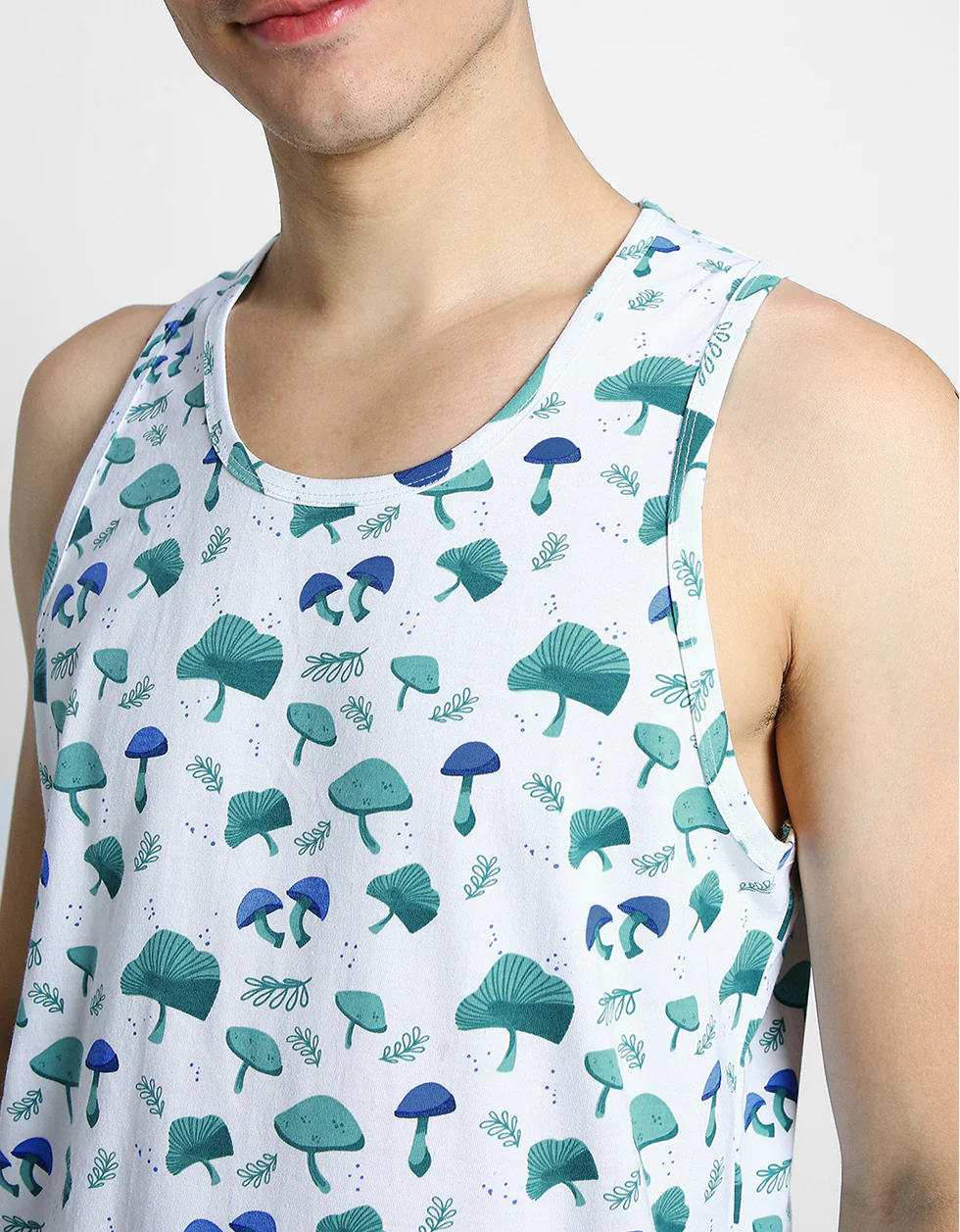 White & Blue Mushroom Printed Gym Vest - Image 4